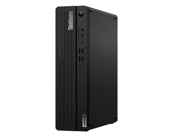 Right side view of Lenovo ThinkCentre M90s Gen 3 (Intel) small form factor desktop PC, stood vertically, showing ports and side panel