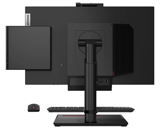 Vue arrière d’un moniteur Lenovo, d'un Lenovo Tiny-in-One et d'un Lenovo ThinkCentre M70q Gen 3 Tiny (Intel)