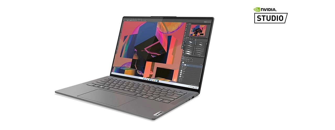 Yoga Slim 7 Pro X Gen 7 laptop open, facing left, showing display and keyboard