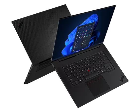 Two back-to-back Lenovo ThinkPad P1 Gen 5 mobile workstations, open 90 degrees and floating. 