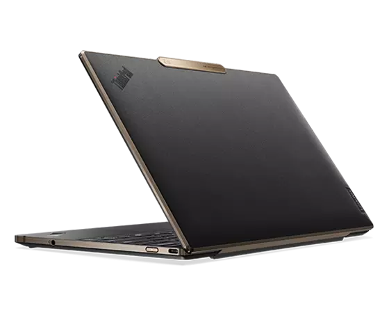 Rear view of the Lenovo ThinkPad Z13 laptop showcasing top cover in Bronze with Black Recycled PET Vegan Leather.