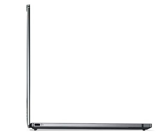 Super-thin left-side profile of Lenovo ThinkPad Z13 laptop open 90 degrees. 
