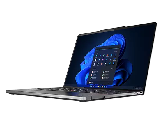 Portable Lenovo ThinkPad Z13, ouvert à 90 degrés, légèrement incliné pour montrer les ports côté droit.