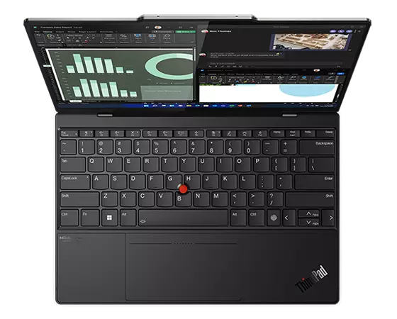 Overhead shot of the Lenovo ThinkPad Z13 laptop open 90 degrees, focusing on the edge-to-edge keyboard. 