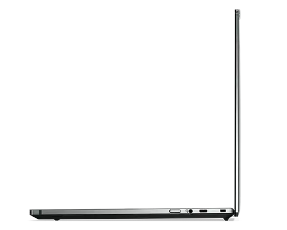 Profielaanzicht van de Lenovo ThinkPad Z16, 90 graden geopend met poorten aan de rechterzijkant.