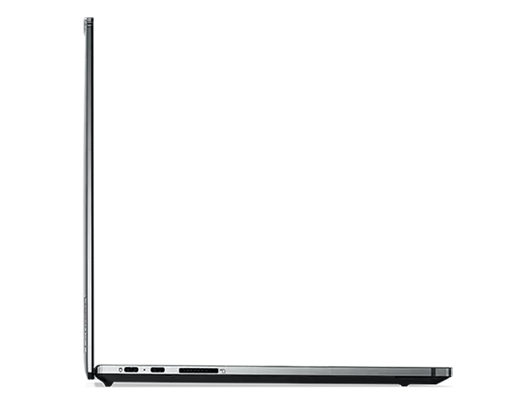 Profielaanzicht van de Lenovo ThinkPad Z16, 90 graden geopend met poorten aan de linkerzijkant.