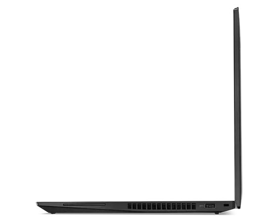 Right side profile of ThinkPad P16s (16'' AMD) mobile workstation, opened 90 degrees, opened flat, showing edge of keyboard and display, plus ports.