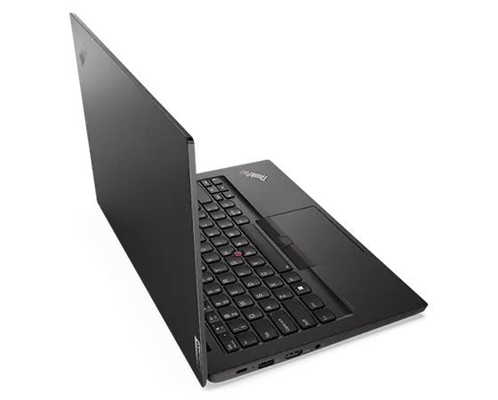 Vue arrière du portable professionnel Lenovo ThinkPad E14 Gen 4 ouvert à 90 degrés, montrant le capot supérieur et une partie du clavier