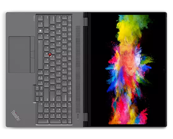 Aerial view of ThinkPad P16 (16″ Intel) mobile workstation, opened 180 degrees, flat down, showing keyboard and display