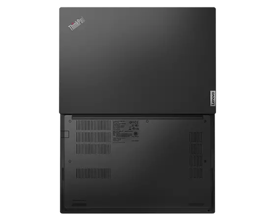 Vue de dessus du portable professionnel ThinkPad E14 Gen 4 ouvert à 180 degrés, montrant les capots supérieur et arrière