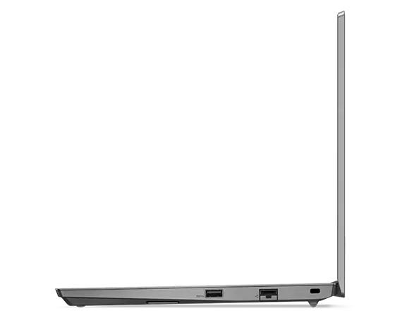 Vue de profil côté droit du portable professionnel ThinkPad E14 Gen 4 ouvert à 90 degrés, montrant les ports et le bord fin de l’écran et du clavier