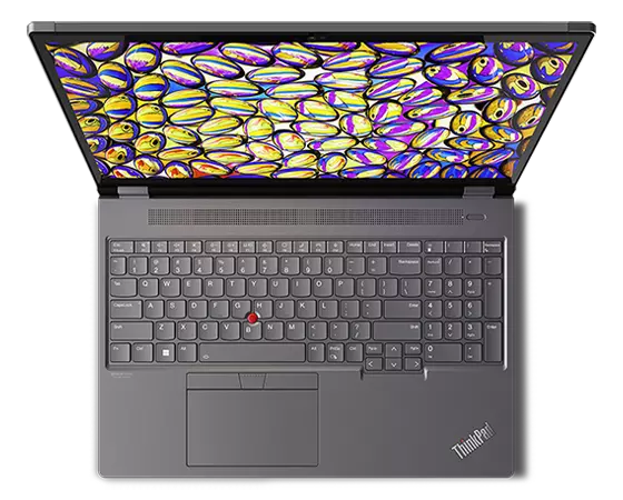 Aerial view of ThinkPad P16 (16″ Intel) mobile workstation, opened 90 degrees, showing keyboard and display