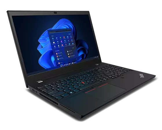 Left side view of ThinkPad T15p Gen 3 (15" Intel) mobile workstation, opened at 90 degrees, showing display, keyboard, and ports