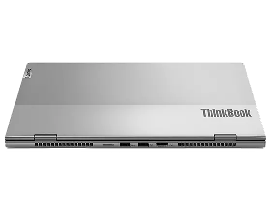 Rear facing view of ThinkBook 14p Gen 3 (14" AMD) laptop, closed, at a slight angle, showing top cover, hinges, and ports