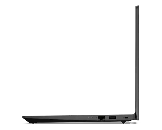 Rechterzijkant van Lenovo V14 Gen 3 (14-inch Intel) laptop, 90 graden geopend, met rand van scherm en toetsenbord zichtbaar, plus poorten