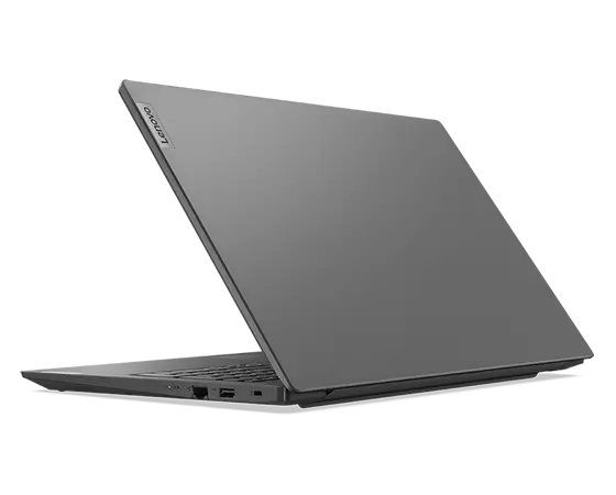 Rear facing, left-side view of Lenovo V15 Gen 3 (15'' Intel) laptop, opened 50 degrees, showing rear cover and part of keyboard.