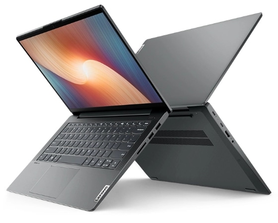 Twee Storm Grey Lenovo IdeaPad 5 Gen 7 laptop-pc's die een 'X' in de ruimte vormen.