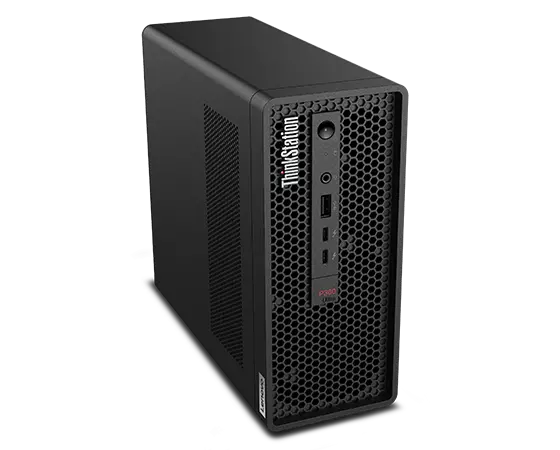 Bovenaanzicht van het Lenovo ThinkStation P360 Ultra-workstation, verticaal geplaatst, met voorpaneel en ventilatie aan de linkerkant.