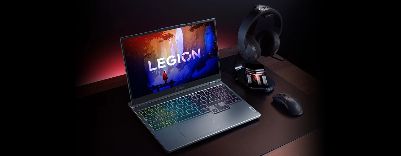 Legion 5 Gen 7 (15″ AMD) with accessories.