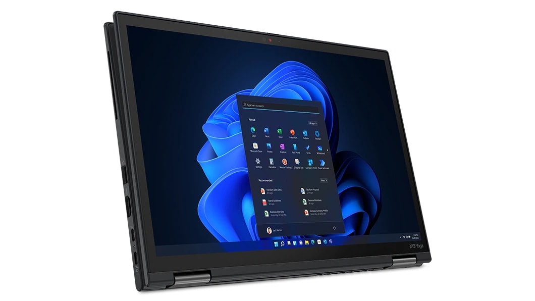 Front facing view of ThinkPad X13 Yoga Gen 3 (13" Intel) in tent mode, showing display