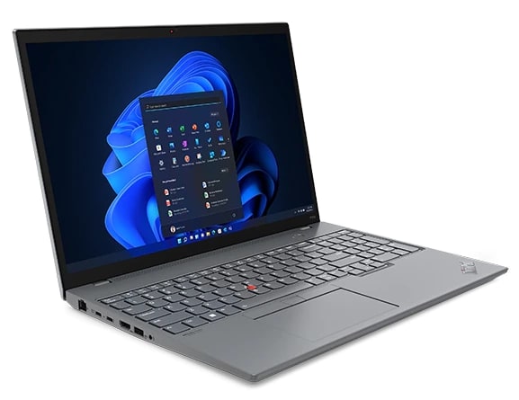 Left-side view of ThinkPad P16s mobile workstation, opened, showing parts of display and keyboard