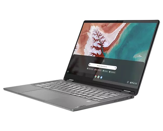 IdeaPad Flex 5i Chromebook Gen 7 (14" Intel)—¾ right view, laptop mode, lid open