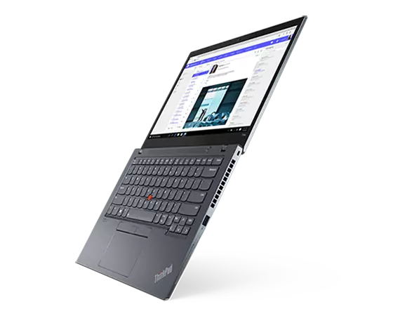 Right-side profile of Black Lenovo ThinkPad T14s Gen 2 (14” AMD) laptop open 180 degrees, angled slightly to show keyboard, and display.
