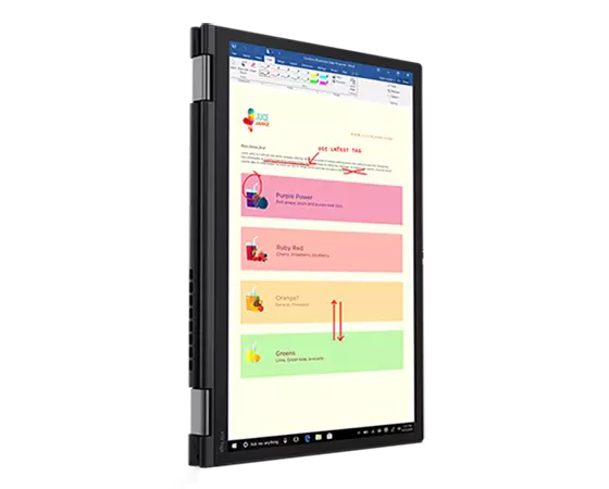 Portable ThinkPad X13 Yoga Gen (13" , Intel) – vue de ¾ avant/gauche, en mode tablette, orienté portrait