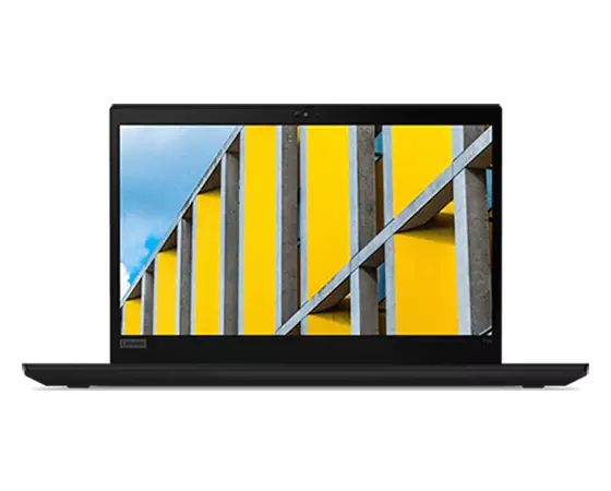 Vue avant du ThinkPad T14 (14″ Intel), écran allumé avec une image de bâtiment jaune