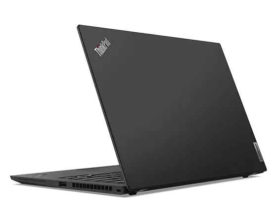 Back side of Black Lenovo ThinkPad T14s Gen 2 (14” AMD) laptop, angled slightly to show right-side ports and partial keyboard.