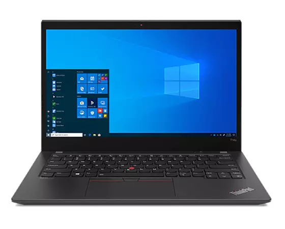 Front-facing Black Lenovo ThinkPad T14s Gen 2 laptop showing keyboard and Windows 10 Pro on display.