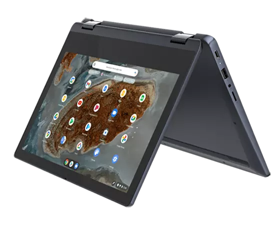 IdeaPad Flex 3 Chromebook Gen 6 (11'' MTK) tent mode, front facing left, Abyss Blue