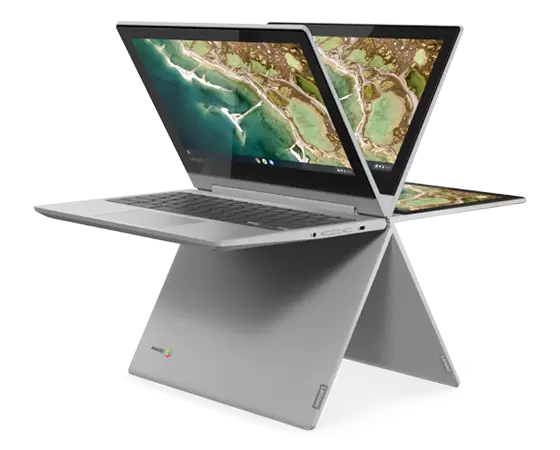 Multiple IdeaPad Flex 3 Chromebook 11 MTK laptops set up to look like a pinwheel
