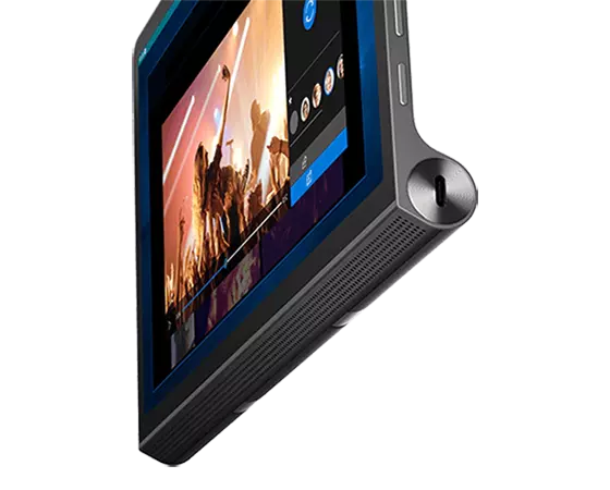 Lenovo Yoga Tab 11 Tablet – abgeschnittene Ansicht von der rechten Seite, von unten und von vorne, mit Fokus auf die Lautsprecher, mit Musik-Player und Bild von einem Konzert auf dem Display