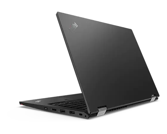 Rear view of the ThinkPad L13 Yoga Gen 2 (13'' AMD), taken from the left, showing the open top cover and part of the keyboard