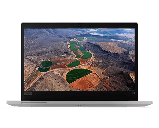 Front view of a silver ThinkPad L13 Gen 2 (13” AMD) laptop, open, with an aerial landscape featured on the display
