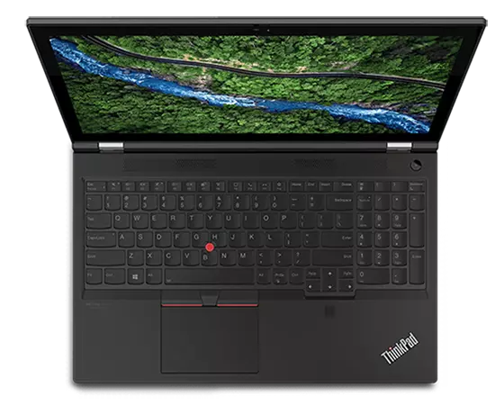 Overhead shot of Lenovo ThinkPad P15 Gen 2 mobile workstation open 90 degrees focusing on keyboard. 