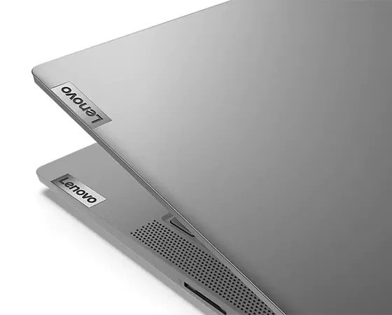Lenovo IdeaPad 5 (14) Intel semi-closed showing brand logo in silver