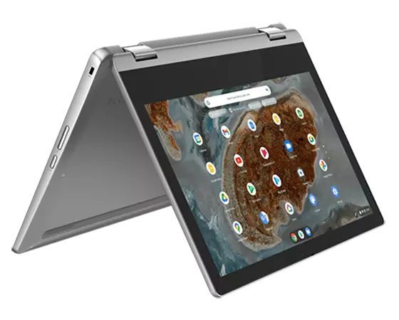 IdeaPad Flex 3 Chromebook Gen 6 (11'' MTK) tent mode, front facing at right angle, screen on