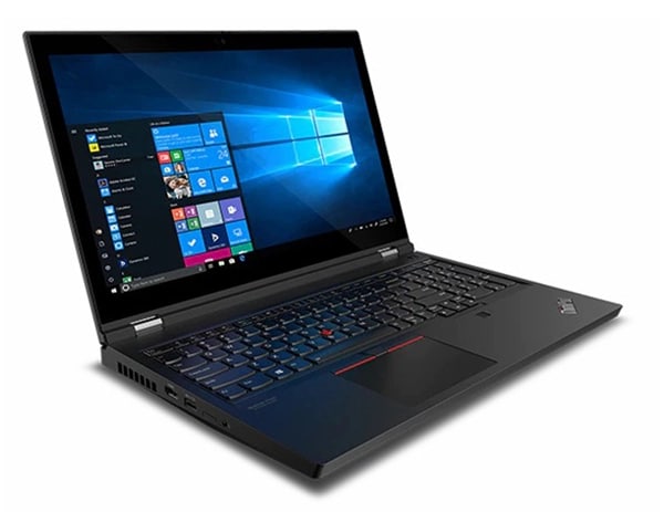 Left-side ports, keyboard, and display showing Windows 10 Pro operating system on a Black Lenovo ThinkPad T15g Gen 2 laptop.