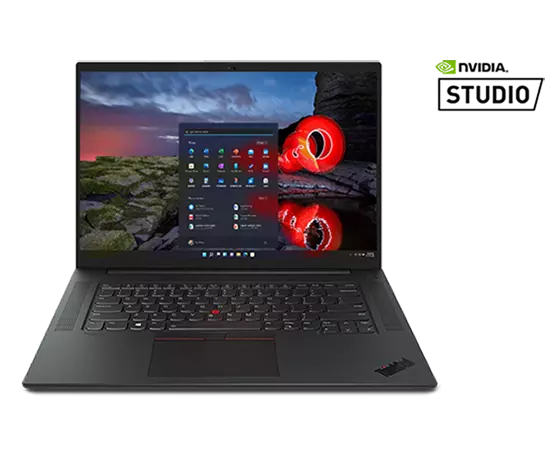 Front facing 16'' Lenovo ThinkPad P1 Gen 4 mobile workstation with graphics intensive program on screen.