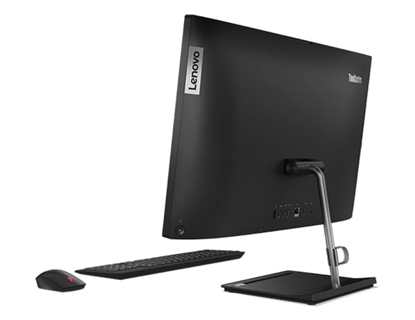 Lenovo ThinkCentre Neo 30a All-in-One-Desktop-PC, Ansicht von hinten mit Blick auf das 68,6 cm (27'') Display und den platzsparenden Standfuß, mit Tastatur und Maus (beides separat erhältlich)