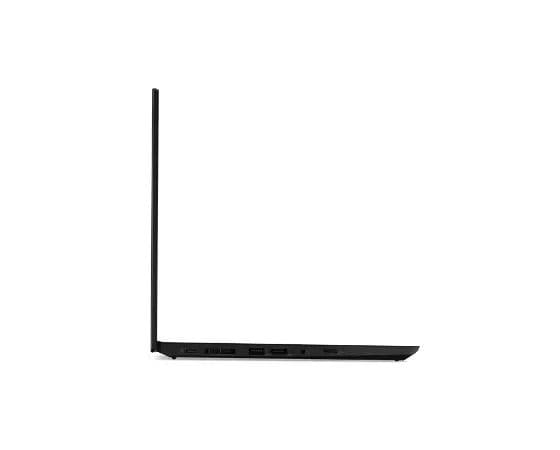 Lenovo ThinkPad T14 Gen 2 (14'' AMD) Notebook, um 90 Grad geöffnet, linkes Seitenprofil.