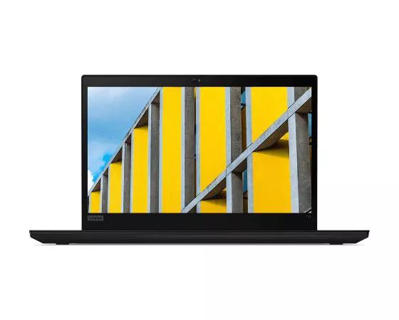 Vooraanzicht van de Lenovo ThinkPad T14 Gen 2-laptop (14'' AMD), 90 graden geopend met de focus op het beeldscherm.