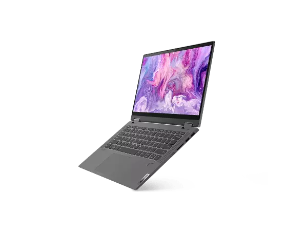 IDEAPAD FLEX 5 (15″ AMD) IN GRAPHITE GREY LAPTOP MODE OPEN WITH SCREEN ON, RIGHT SIDE VIEW.