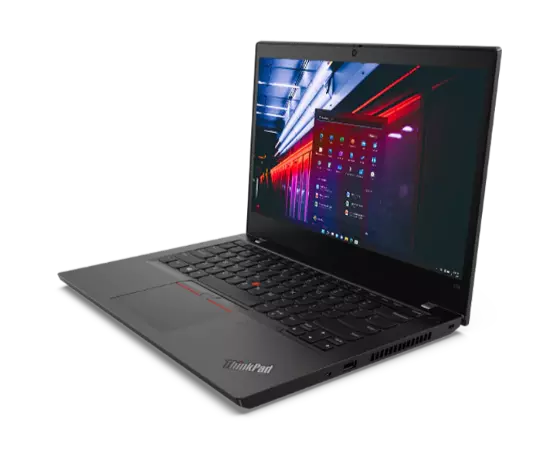 Lenovo ThinkPad L14 Gen 2 (14” AMD) laptop—3/4 right-front view with lid open and display showing image of seaside with red and white blurry lights in motion.