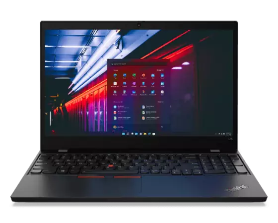 Lenovo ThinkPad L15 Gen 2 (15” AMD) laptop—front view with lid open and display showing image of seaside with red and white blurry lights in motion.