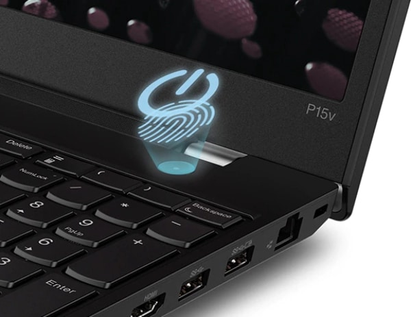 Close up of the optional fingerprint reader on ThinkPad P15v Gen 3 (15″ Intel) mobile workstation.