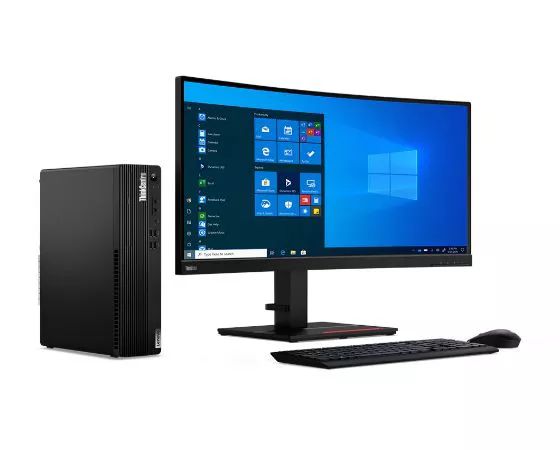  Left side view of Lenovo ThinkCentre M75s Gen 2 placed next to monitor, keyboard and mouse
