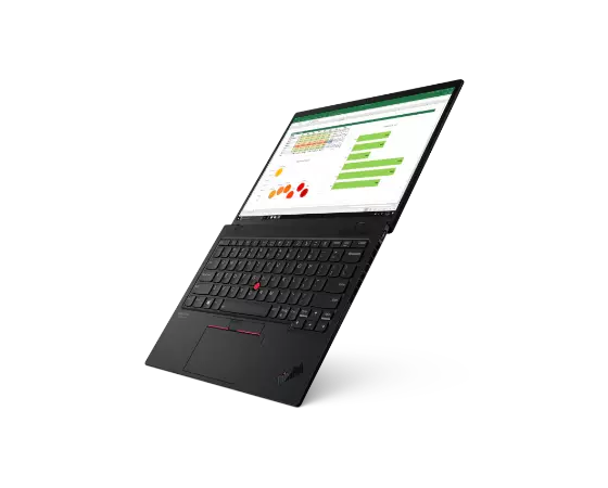 Right angled view of the ThinkPad X1 Nano laptop opened flat